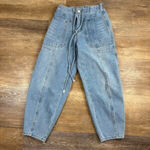 Womens Jean Boho Style Wide Leg Light Wash High Waist Pocket and Belt Blue Small